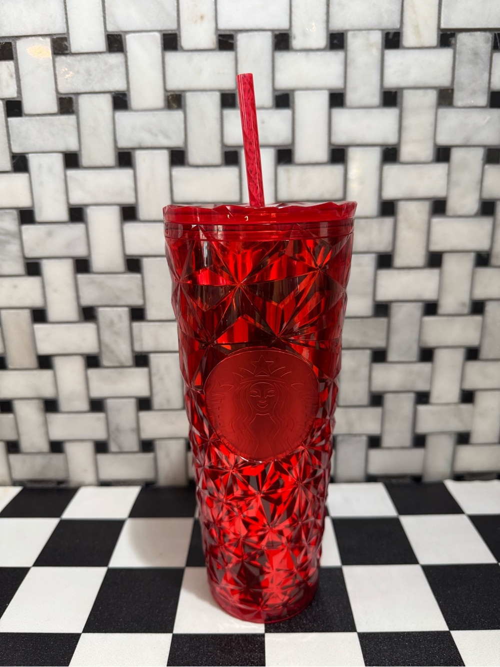 NWT- New Starbucks Glam Red Diamond Reusable Tumbler with Straw